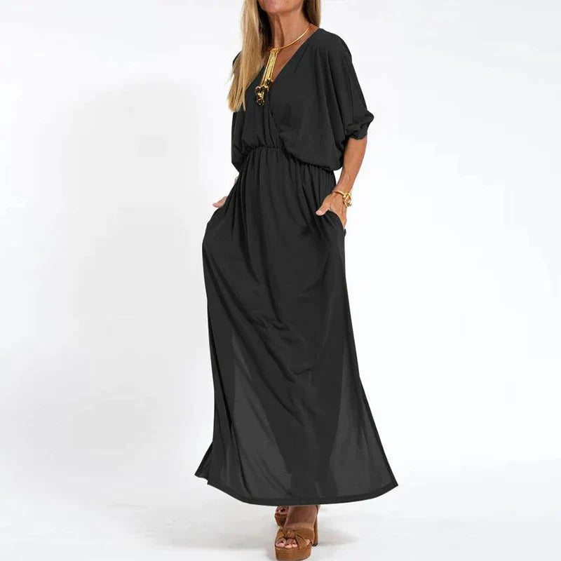 Clarissa - Lange Split Jurk in Vintage Stijl - Elegante lijnen ontmoeten vintage charme.